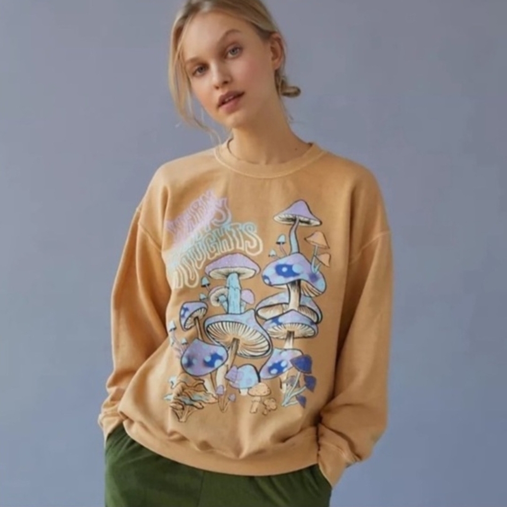 Urban Outfitters Poject Social Tan Sweater with Blue Mushroom Design